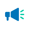 White circular icon featuring a blue megaphone with teal sound lines, symbolizing communication, support, and representation for homeowners.