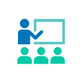White circular icon with a figure pointing at a presentation board in front of three seated people, representing on-site HOA or condo management services.