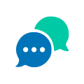 White circular icon with two overlapping chat bubbles, one blue and one teal, representing digital communication and support for remote HOA management.