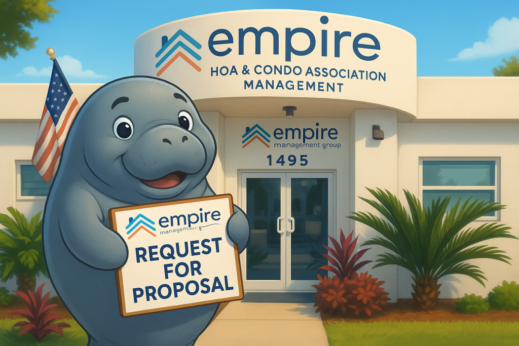 Cartoon manatee holding "Request for Proposal" sign in front of Empire Management Group HOA & Condo Association office in Florida