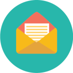 Illustration of a yellow envelope with a letter inside, set against a teal circular background, representing the "Pay by Mail" option for Empire Management Group.