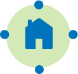 Icon of a blue house surrounded by four blue dots in a circular pattern, symbolizing architectural review. Below it, text explains that ARC forms are required for exterior modifications per HOA guidelines.