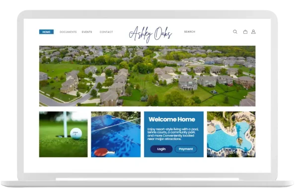 Laptop screen displaying a community website titled “Ashley Oaks,” featuring a neighborhood aerial view and sections for documents, events, contact, and login. Below, text highlights Empire Management Group’s tailored website services for each community.