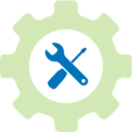 Circular gear icon in light green with a blue wrench and screwdriver crossed in the center, representing maintenance tools. Below, text explains how to report maintenance issues in the community.