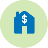 Circular icon featuring a blue house with a white dollar sign inside, symbolizing property-related payments. Below it, text invites users to learn more about making payments, applying for a plan, or disputing charges.