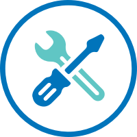 Circular icon with a teal wrench and screwdriver crossed over each other, symbolizing maintenance and repair, representing the option to report and request approval for property repairs.