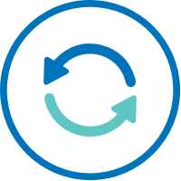Circular icon with two curved arrows forming a loop, one blue and one green, symbolizing change or updates.