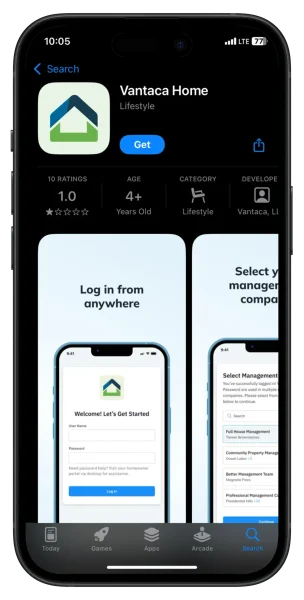 A promotional section showing a smartphone displaying the “Vantaca Home” app in the App Store.