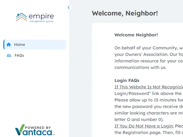 Screenshot of the Empire Management Group homeowner portal, powered by Vantaca, displaying a welcome message and navigation menu with options like Home and FAQs.