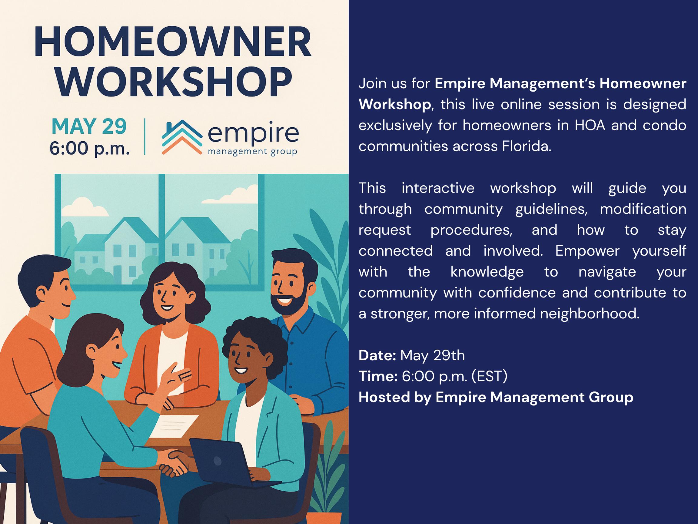 Diverse Homeowners attending an educational workshop webinar hosted by Empire Management Group, learning about community guidelines and association processes. Webinar targets HOA and condo associations in St. Augustine, Tampa, and Orlando, Florida.Diverse