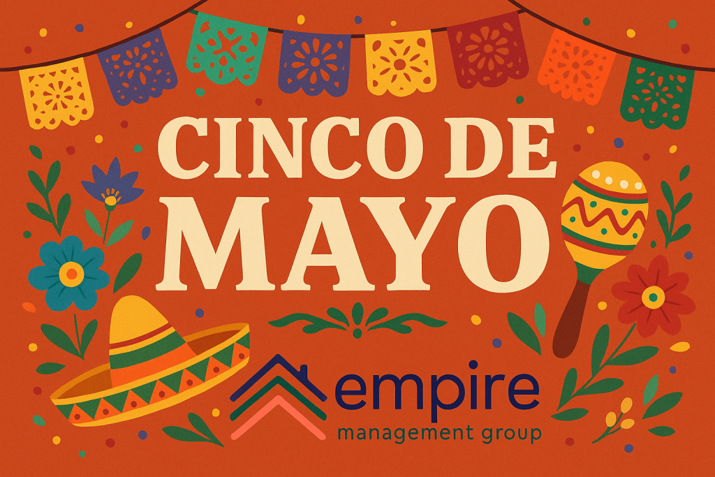 A colorful Cinco de Mayo graphic featuring traditional papel picado, maracas, sombrero, and festive lettering, designed for Florida HOA and condo associations.