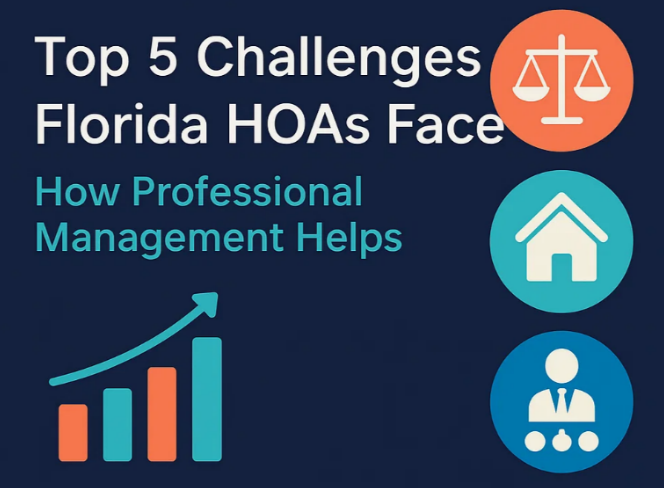 Graphic titled Top 5 Challenges Florida HOAs Face. How Professional Management Helps." The image features icons representing legal scales, a house, a businessperson, and a bar graph with an upward arrow. At the bottom is the logo of "Empire Management Group," including a stylized house roof in blue and orange.