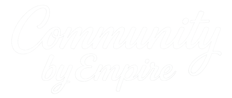 White logo of Community by Empire, a digital lifestyle magazine for HOA and condo association management in Florida.