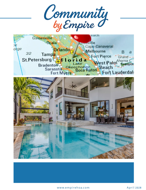 Cover of Community by Empire magazine, April 2025 edition, featuring Florida HOA and condo lifestyle tips, luxury community amenities, and board management insights.