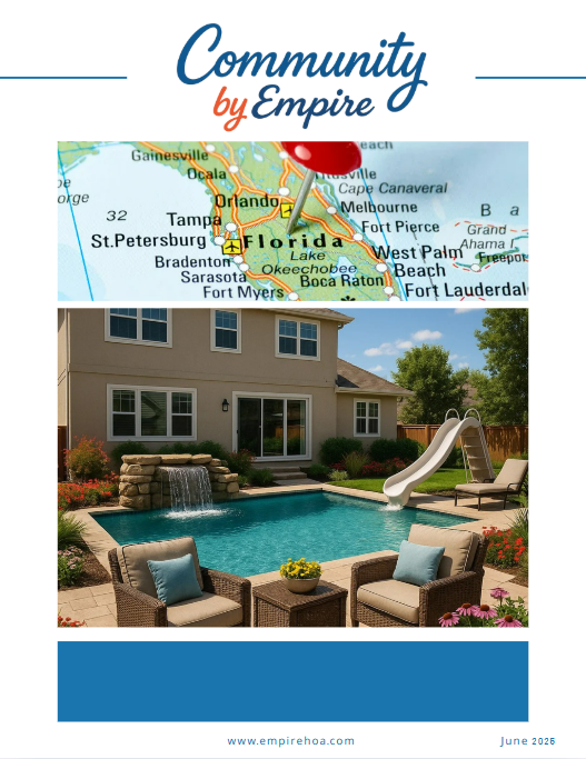 Front cover of the June 2025 edition of Community by Empire magazine featuring a map of Florida with a red pushpin on the Orlando area, and an image of a backyard with a pool, waterfall, lounge chairs, and slide. The magazine highlights summer in Florida communities, with the Empire Management Group logo and website at the bottom.