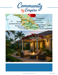 Cover of Community by Empire magazine showing a Florida map and a luxury backyard patio with fire pit