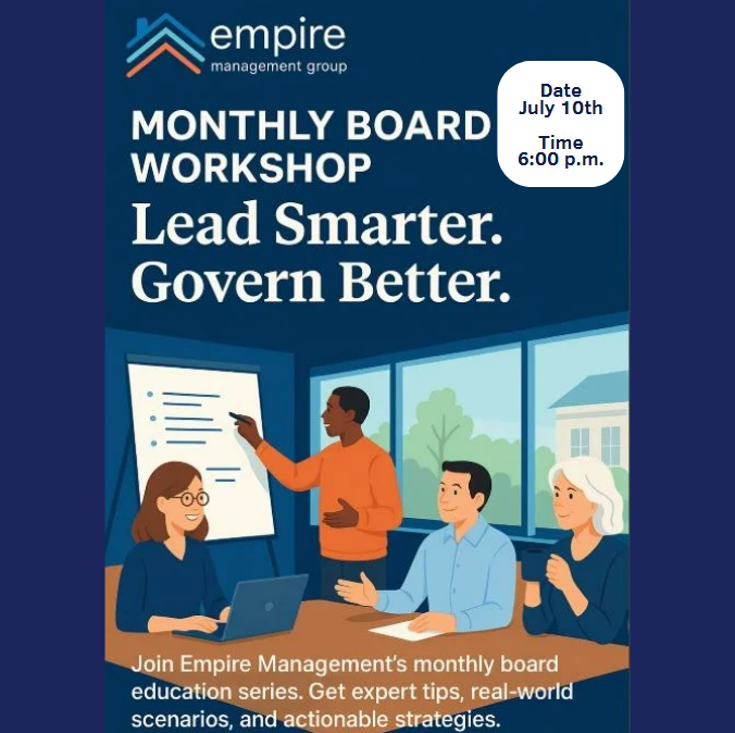 Illustration of diverse board members in a meeting with a presentation, hosted by Empire Management Group for their Monthly Board Workshop.