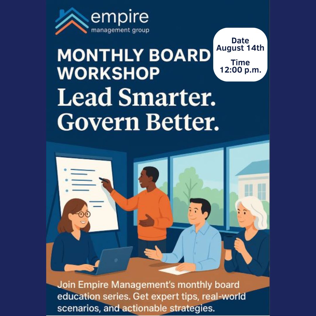 Illustration of diverse board members in a meeting with a presentation, hosted by Empire Management Group for their Monthly Board Workshop.