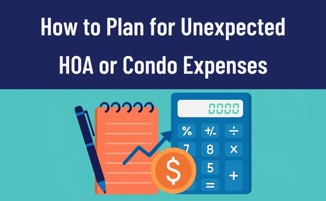 Illustration with a bold title reading “How to Plan for Unexpected HOA or Condo Expenses” in white text on a dark blue background. Below the title, there is a graphic of a notepad with a pencil, a calculator, and a dollar sign icon on a teal background, symbolizing financial planning.