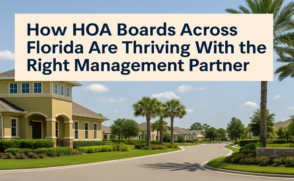 Florida HOA community with palm trees and homes, representing successful board partnerships with Empire Management Group