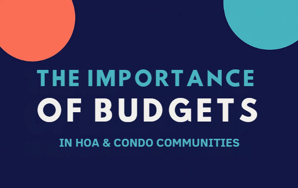 A digital graphic featuring the title “The Importance of Budgets in HOA & Condo Communities” in bold blue and white font on a dark navy background. The design includes two large accent circles in Empire Management Group's branding colors, coral orange in the top left and teal in the top right, creating a modern and visually appealing look.