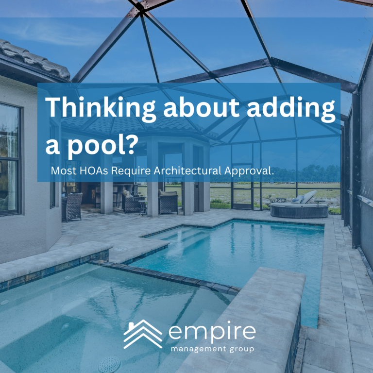 Backyard pool and screen enclosure in Florida HOA community requiring ARC architectural review approval.