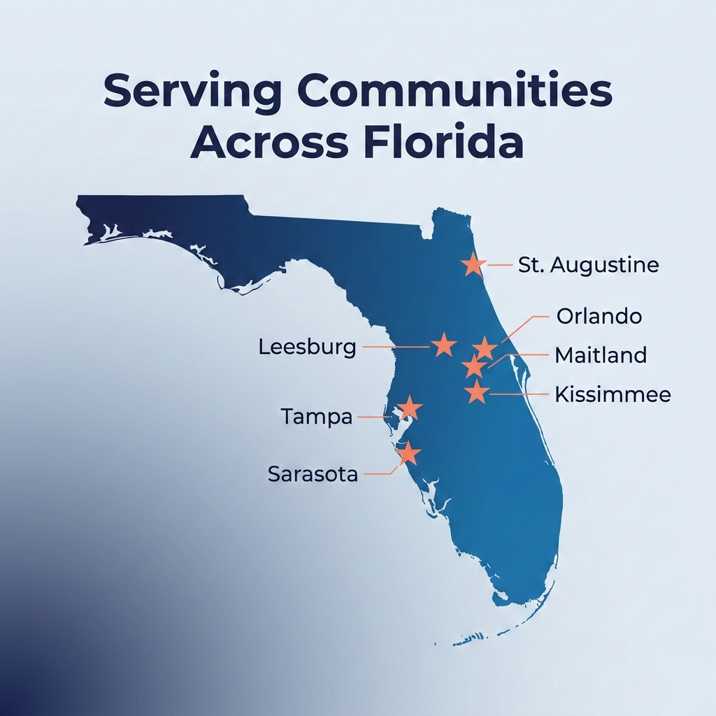 Empire Management Group Florida service area map showing HOA and condominium management locations in Orlando, Tampa, Sarasota, St. Augustine, Maitland, Leesburg, and Kissimmee