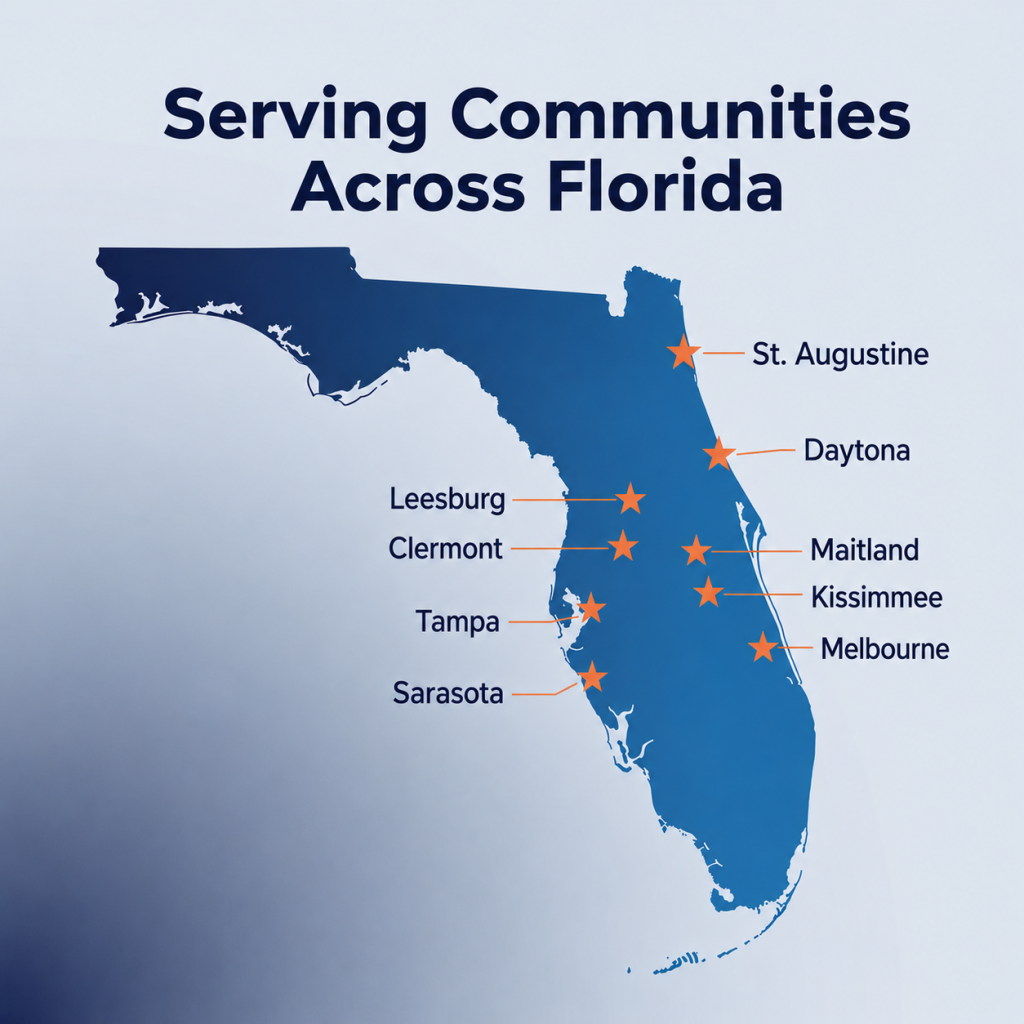 Empire Management Group Florida office locations map serving HOA and condo communities across Orlando Tampa Sarasota Daytona St Augustine Maitland Kissimmee Clermont Leesburg and Melbourne