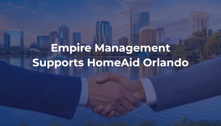 Empire Management Group supporting HomeAid Orlando in Central Florida with Orlando skyline partnership image