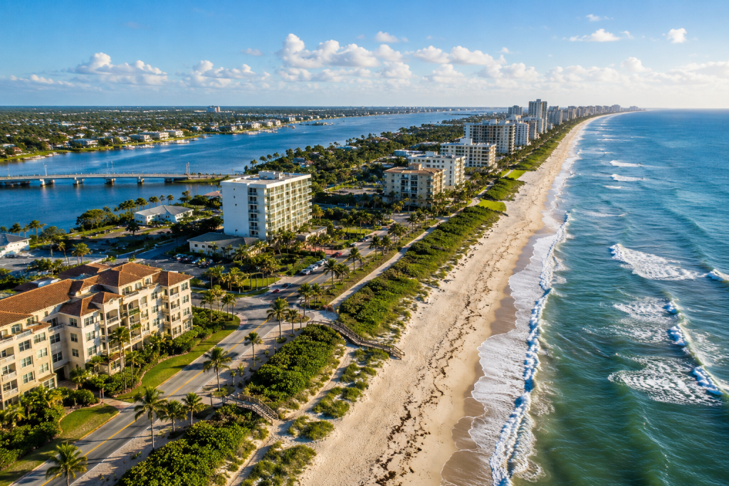 Aerial view of Florida's Space Coast including Melbourne Beach, coastal communities, and condominium associations