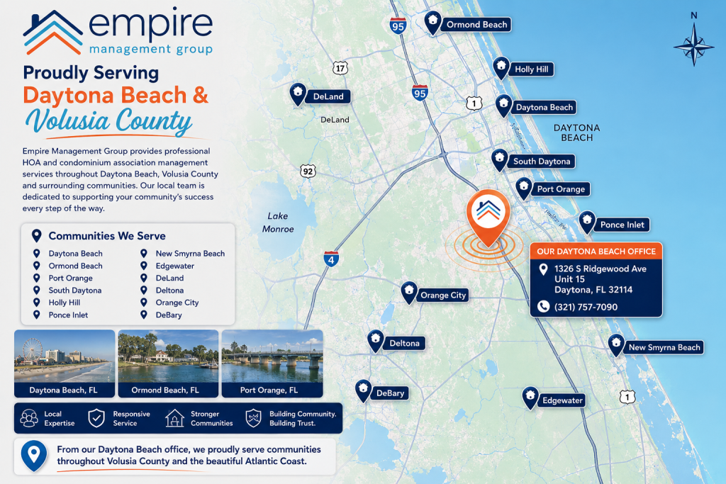 Daytona Beach HOA Management Company serving Daytona Beach, Ormond Beach, Port Orange, South Daytona, Holly Hill, New Smyrna Beach, and communities throughout Volusia County Florida.
