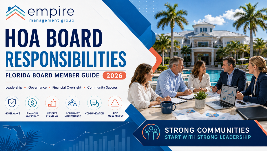 Florida HOA board members discussing fiduciary responsibility, financial oversight, reserve planning, compliance, and community leadership with Empire Management Group.