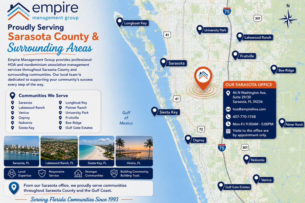 Sarasota HOA Management Company serving Sarasota, Lakewood Ranch, Venice, Osprey, Nokomis, Siesta Key, Longboat Key, Palmer Ranch, University Park and Sarasota County Florida.