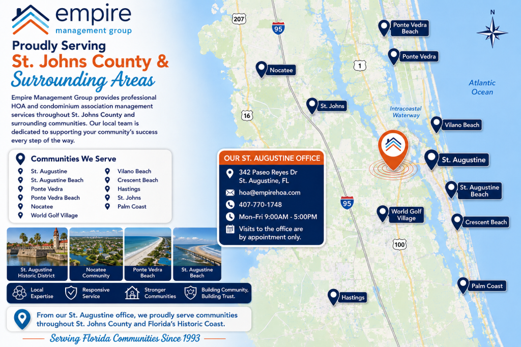 St. Augustine HOA Management Company serving St. Augustine, Ponte Vedra, Nocatee, St. Augustine Beach, Palm Coast, and communities throughout St. Johns County Florida.