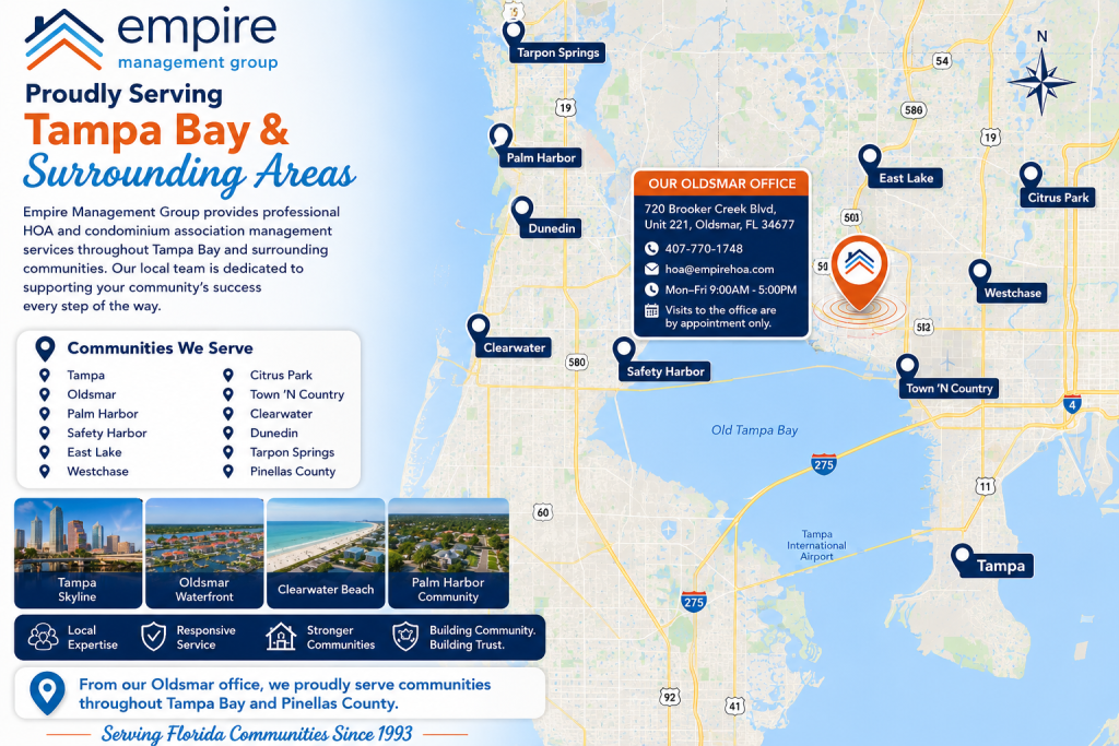Tampa HOA Management Company service area map showing Empire Management Group's Oldsmar office serving Tampa, Clearwater, Palm Harbor, Safety Harbor, Dunedin, Tarpon Springs, Westchase, East Lake, and Pinellas County communities.
